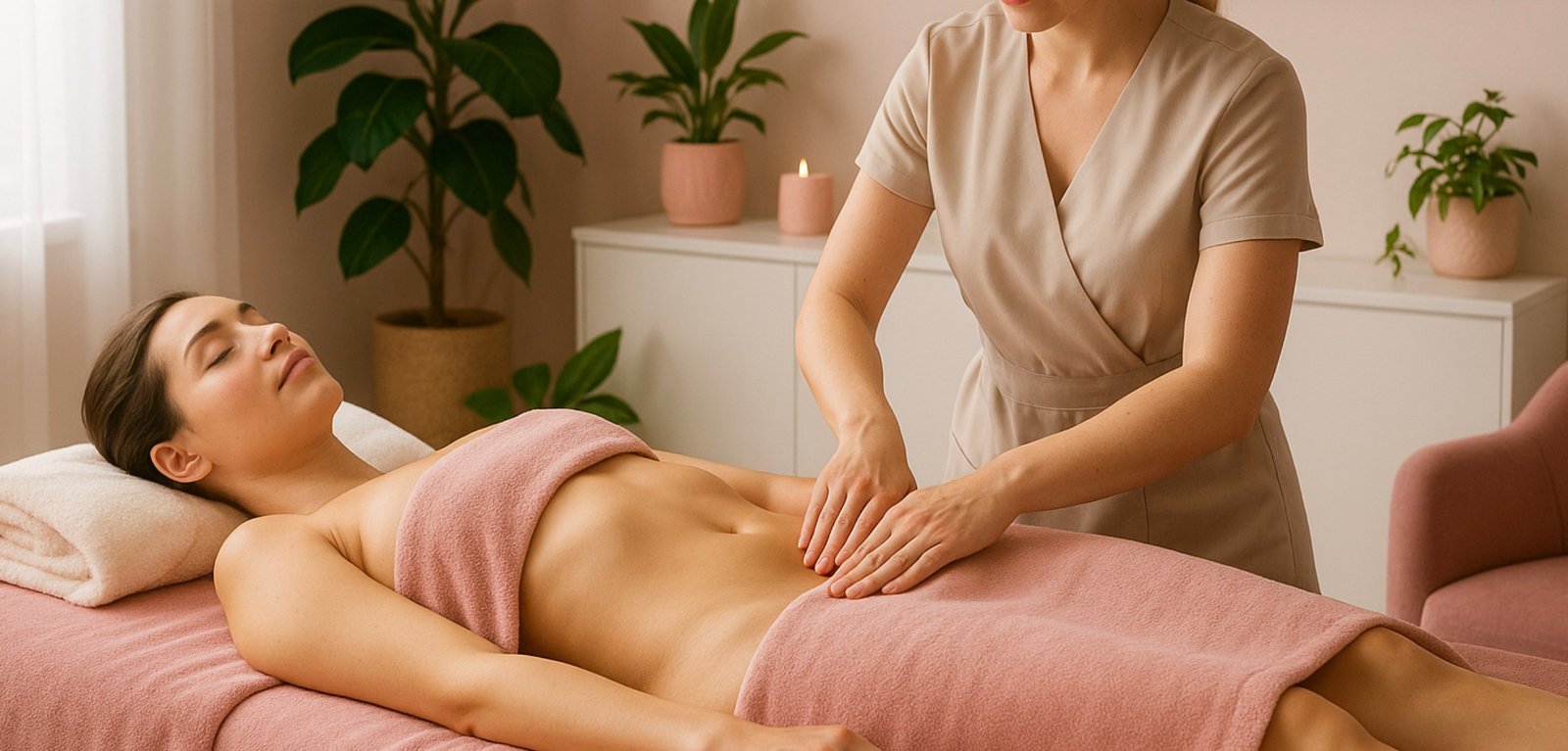Massage drainage lymphatique dans une pièce claire aux tons roses, verts et beiges à Cannes