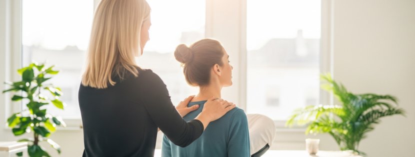 Massage Amma assis Nice : Détente en entreprise, masseuse blonde.